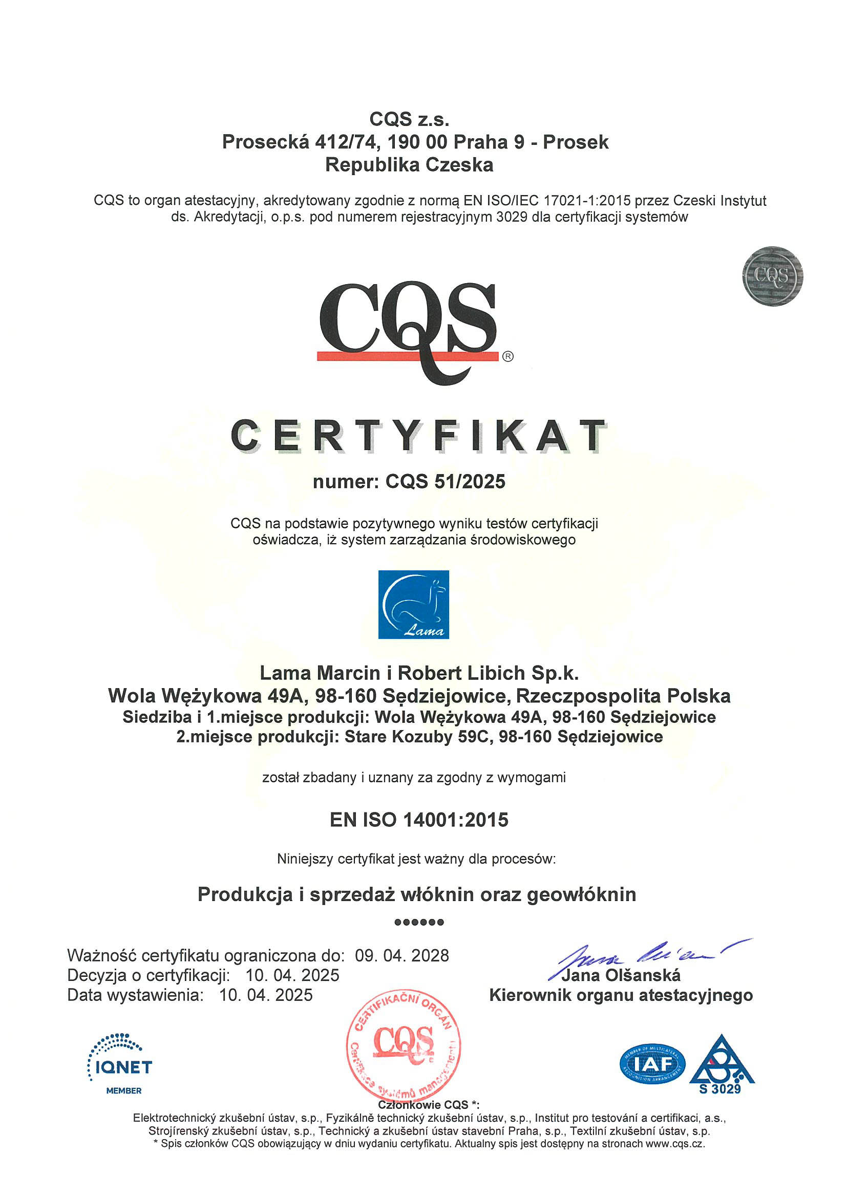 Skan certyfikatu CQS potwierdzającego wdrożenie Systemu Zarządzania Środowiskowego ISO 14001.