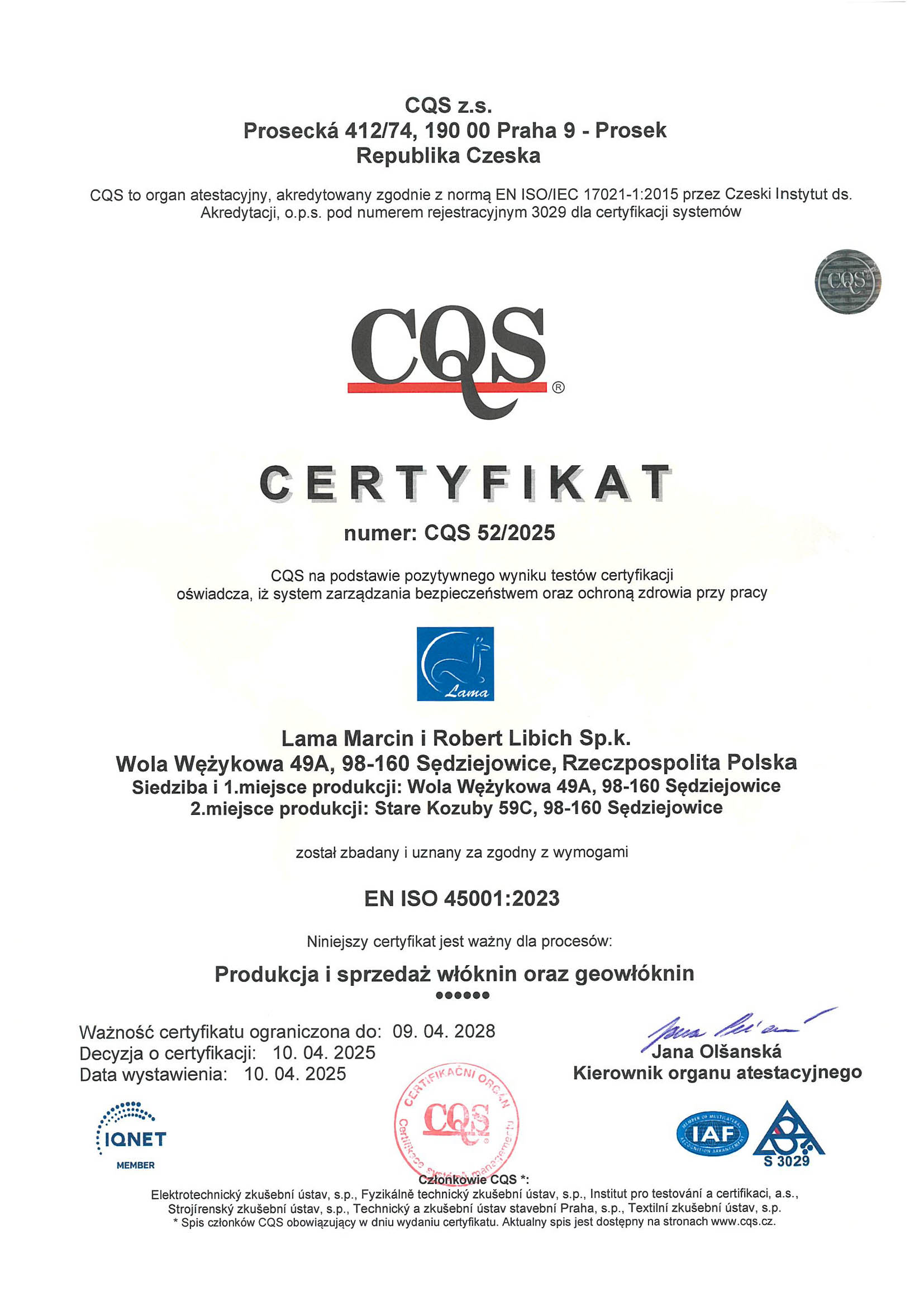 Skan certyfikatu CQS potwierdzającego wdrożenie Systemu Zarządzania Bezpieczeństwem i Higieną Pracy ISO 45001.