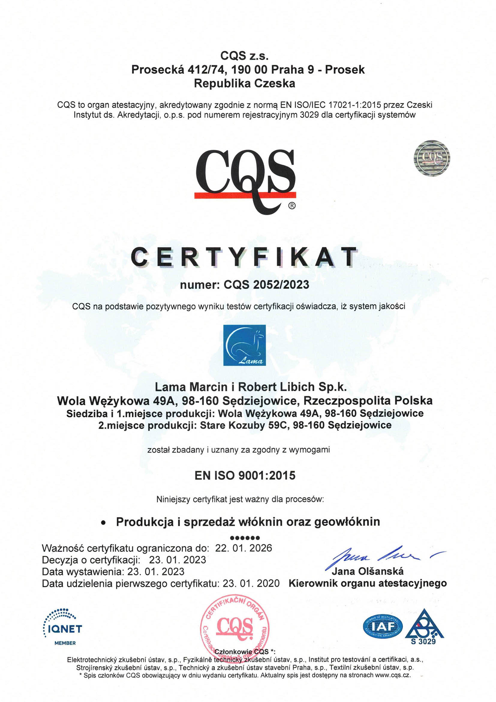 Skan certyfikatu CQS potwierdzającego wdrożenie Systemu Zarządzania Jakością ISO 9001.