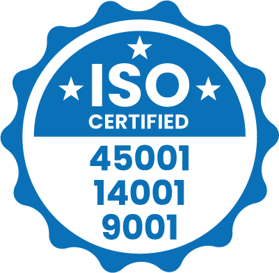 Logotyp i oznaczenia certyfikatów ISO 9001, ISO 14001 oraz ISO 45001 potwierdzające normy jakości, środowiskowe i BHP w firmie LAMA.